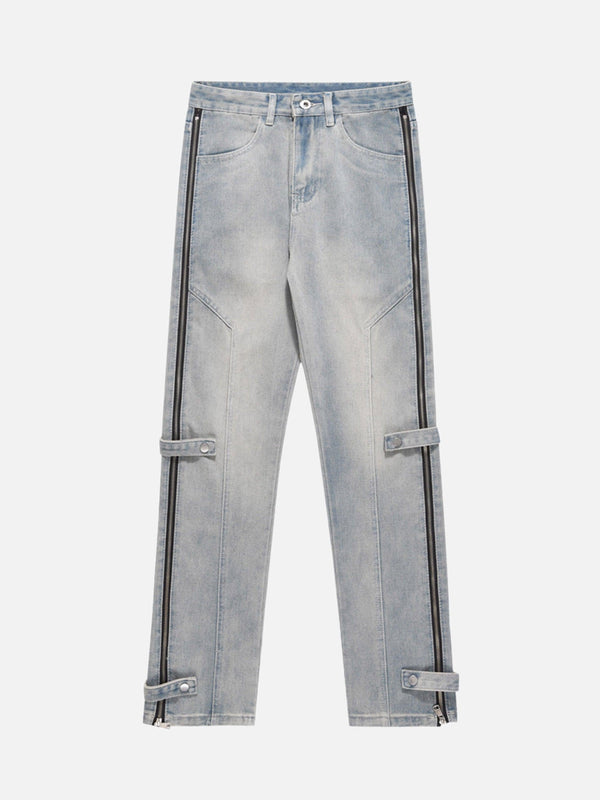 Front view of blue zipper straight jeans by TALISHKO, showcasing hip-hop street style.