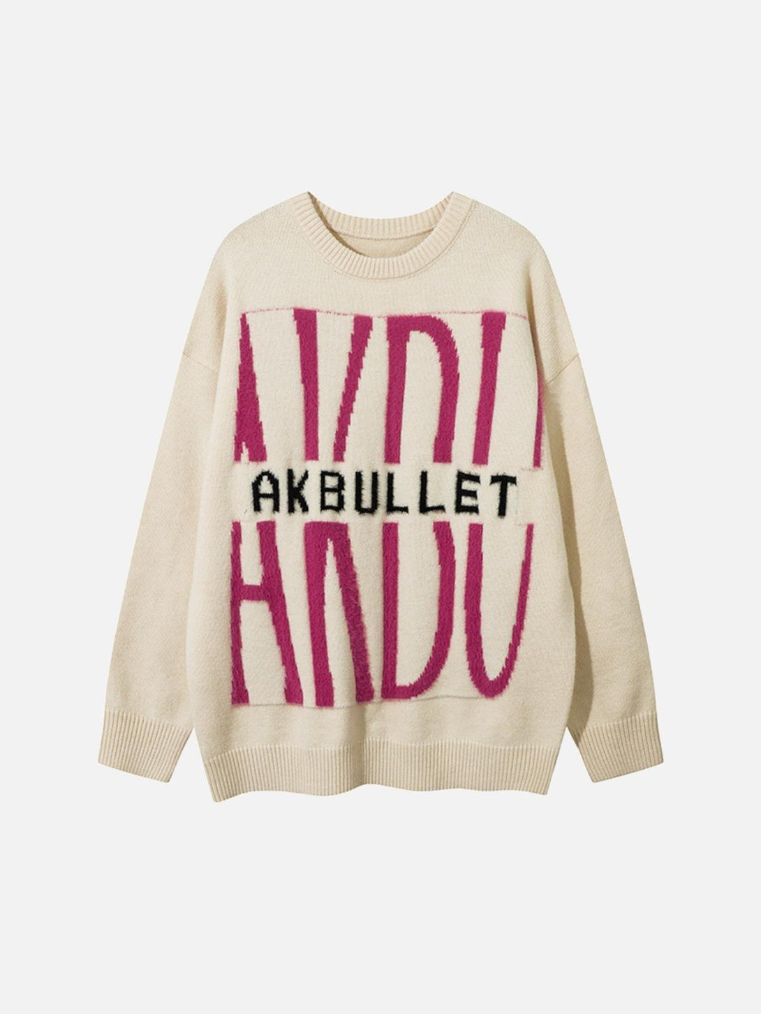 Front view of an apricot sweater featuring bold pink and black lettering, designed by TALISHKO.