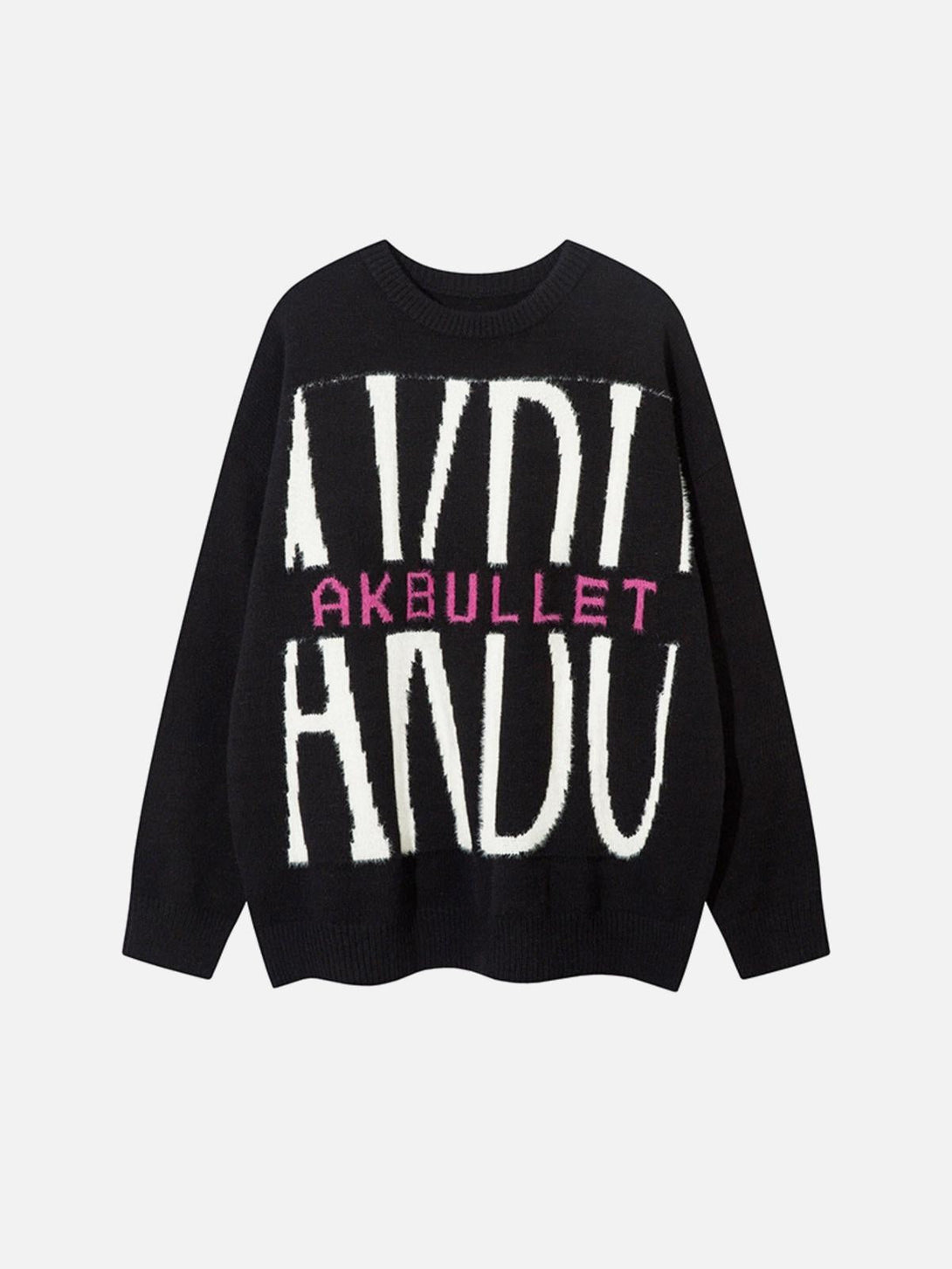 Front view of a black lettered sweater by TALISHKO, capturing a bold urban street vibe.