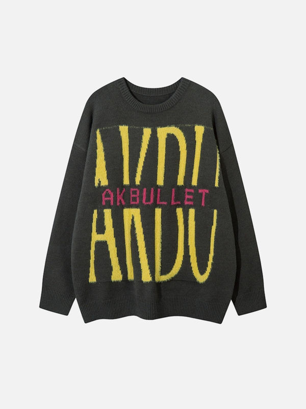 Front view of a gray sweater with bold yellow and pink lettering by TALISHKO, perfect for urban style.