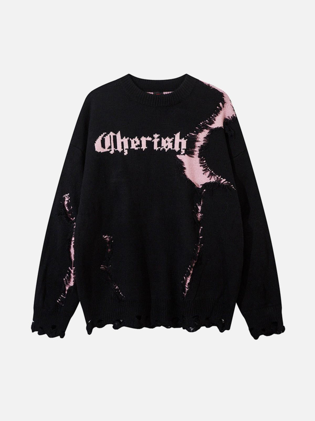 Front view of TALISHKO's black sweater with pink patchwork and distressed accents, perfect for edgy style.