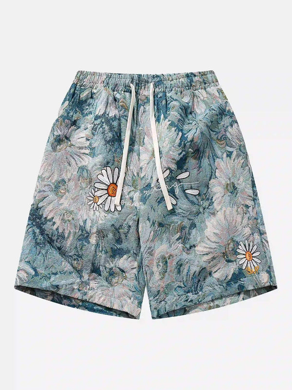 Front view of blue jacquard embroidery shorts by TALISHKO, featuring a floral pattern.