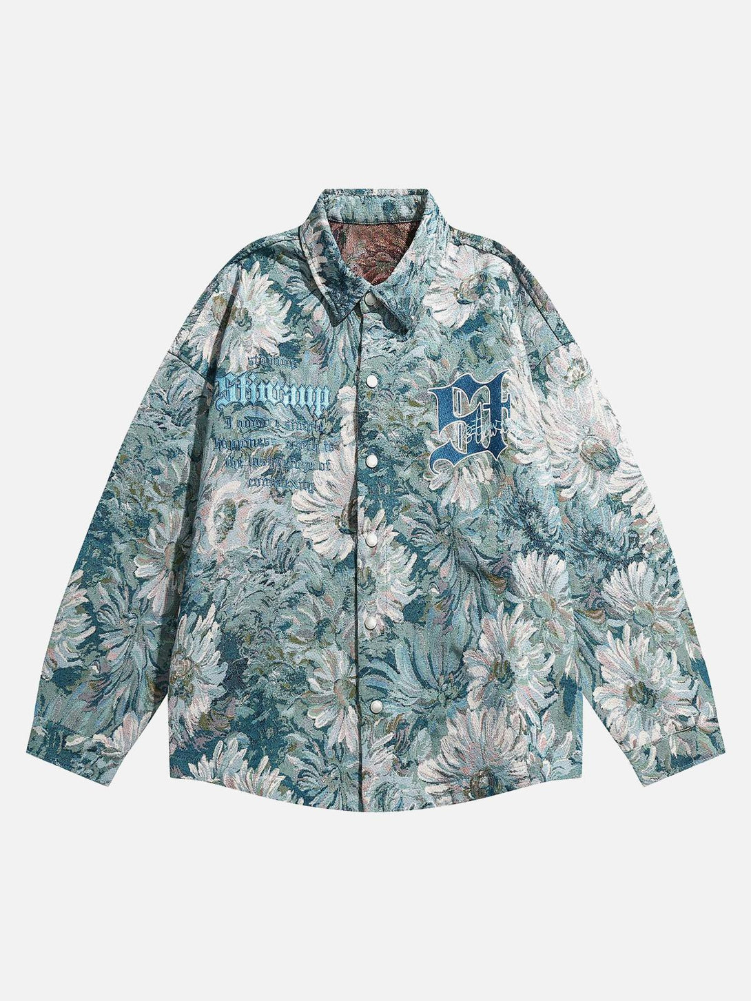 Front view of a blue floral jacquard jacket by TALISHKO, featuring intricate embroidery.