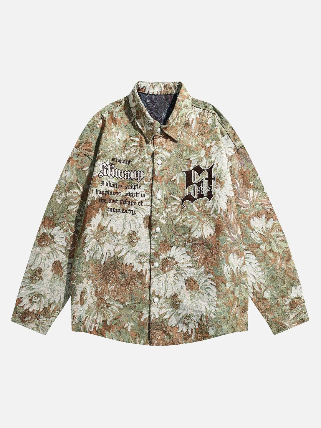 Front view of a green jacquard jacket with floral embroidery by TALISHKO, perfect for street style.