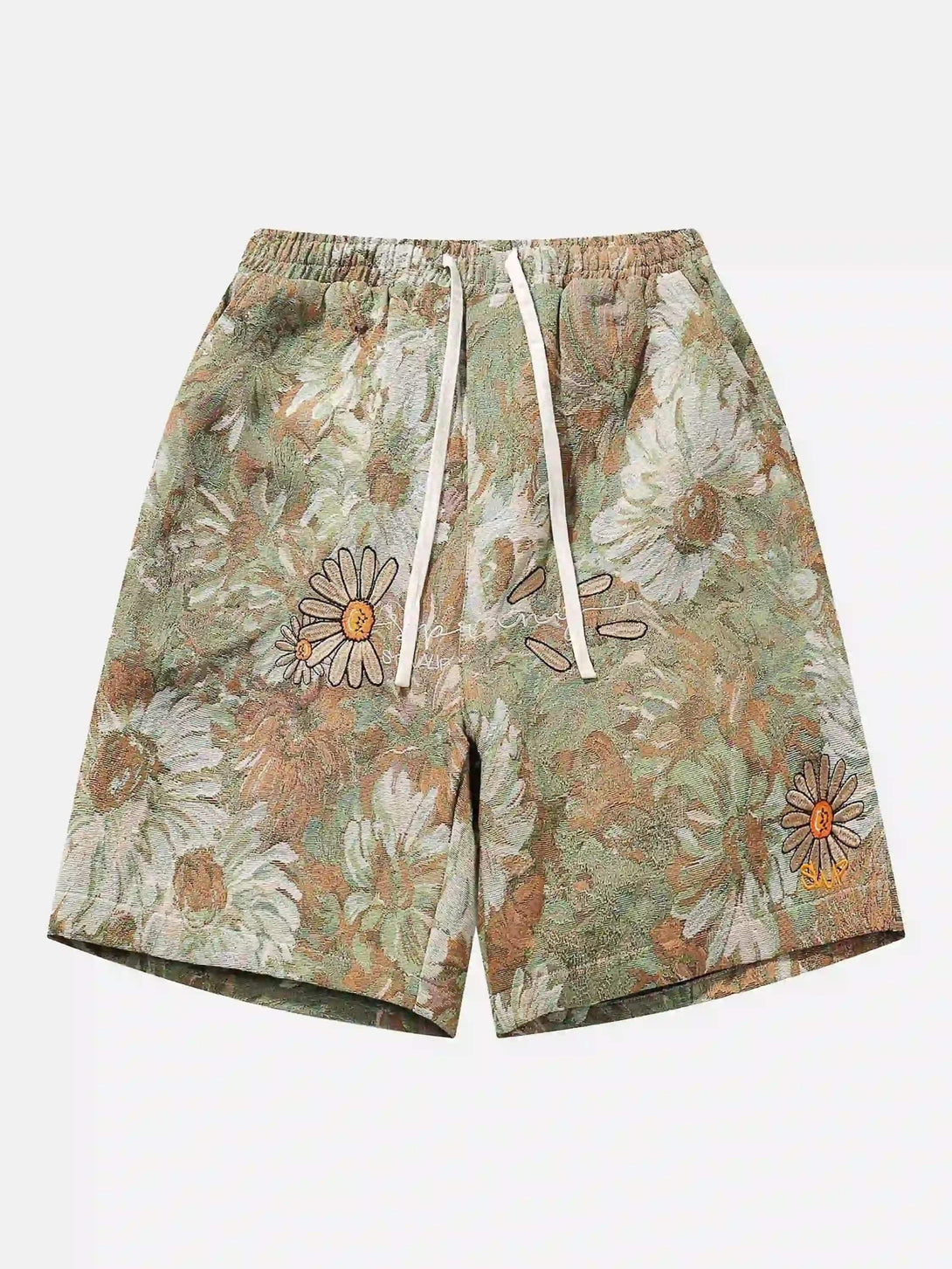 Front view of green jacquard embroidery shorts by TALISHKO, featuring a floral pattern.