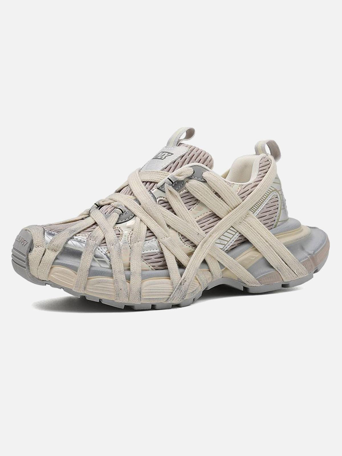 Front view of beige lace-up casual sneakers by TALISHKO, offering a unique urban style.