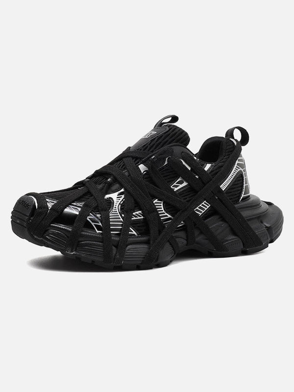 Front view of black lace-up casual sneakers by TALISHKO, perfect for a trendy urban look.