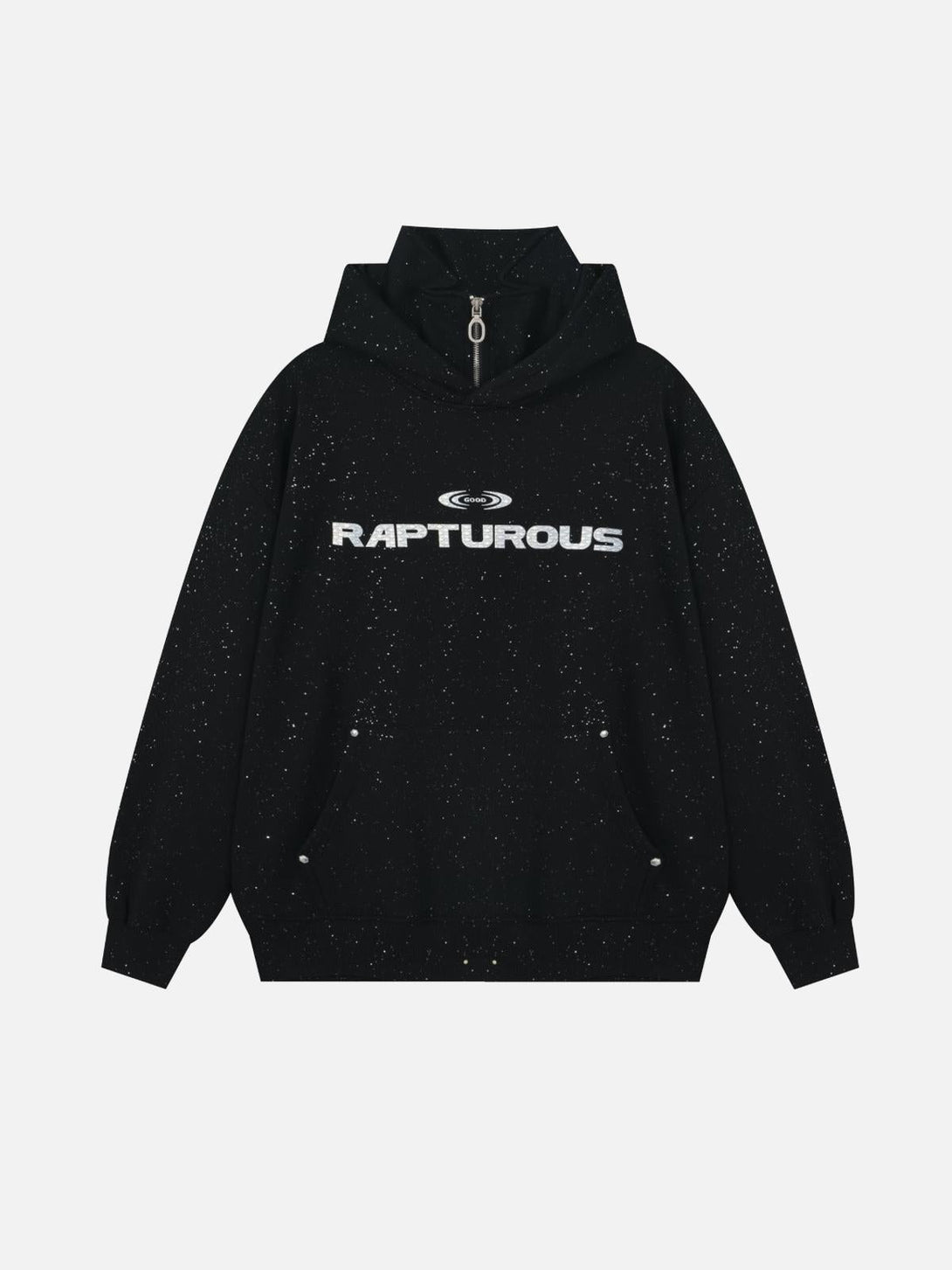 Front view of a black leisure hoodie by TALISHKO, featuring "RAPTUROUS" text with a speckled design.