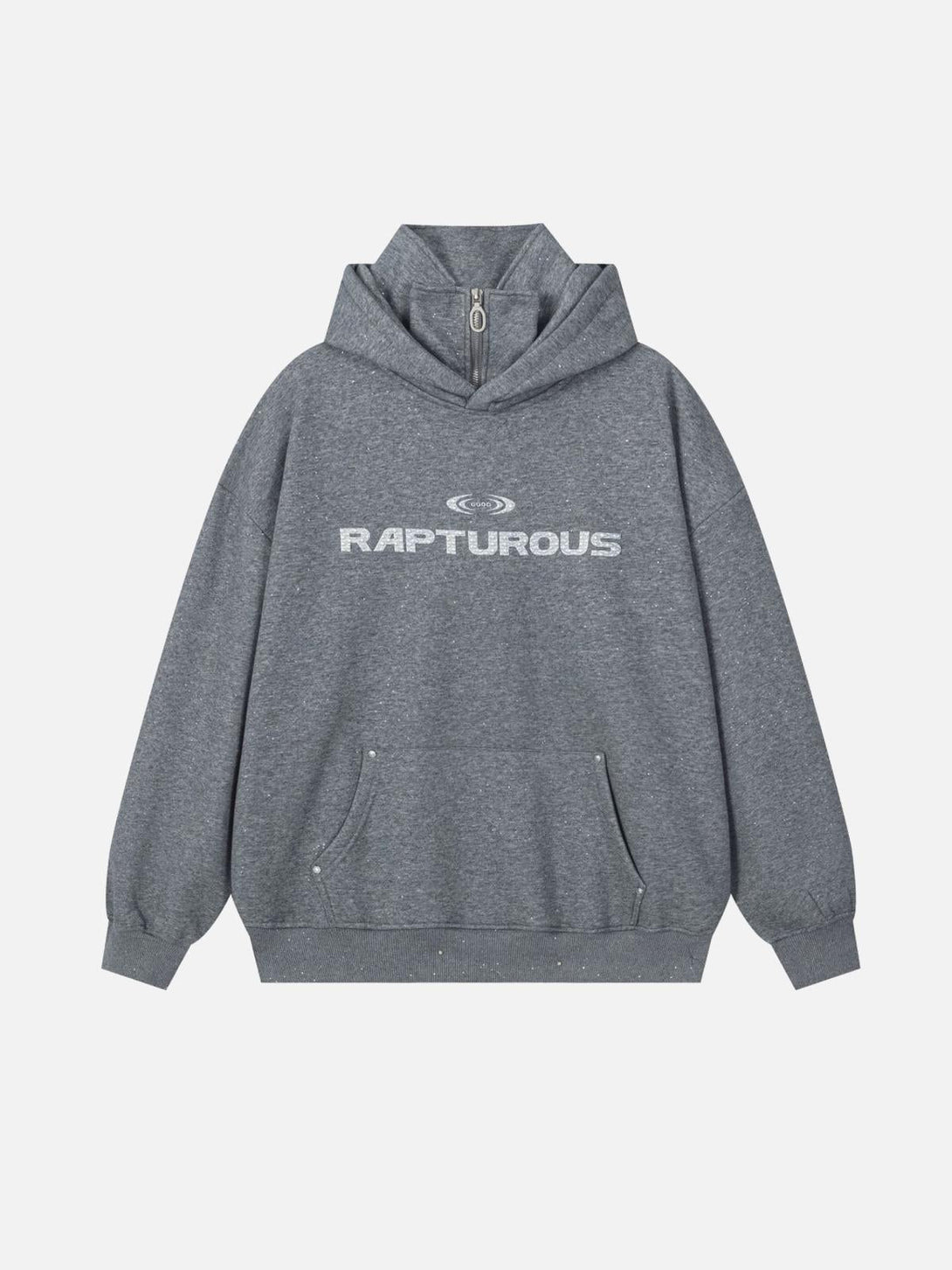 Front view of a dark gray leisure hoodie by TALISHKO, featuring "RAPTUROUS" text on the front.