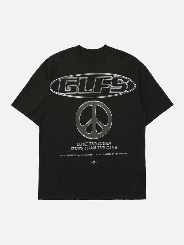 Front view of black short-sleeved T-shirt by TALISHKO with bold lettering and peace symbol design.