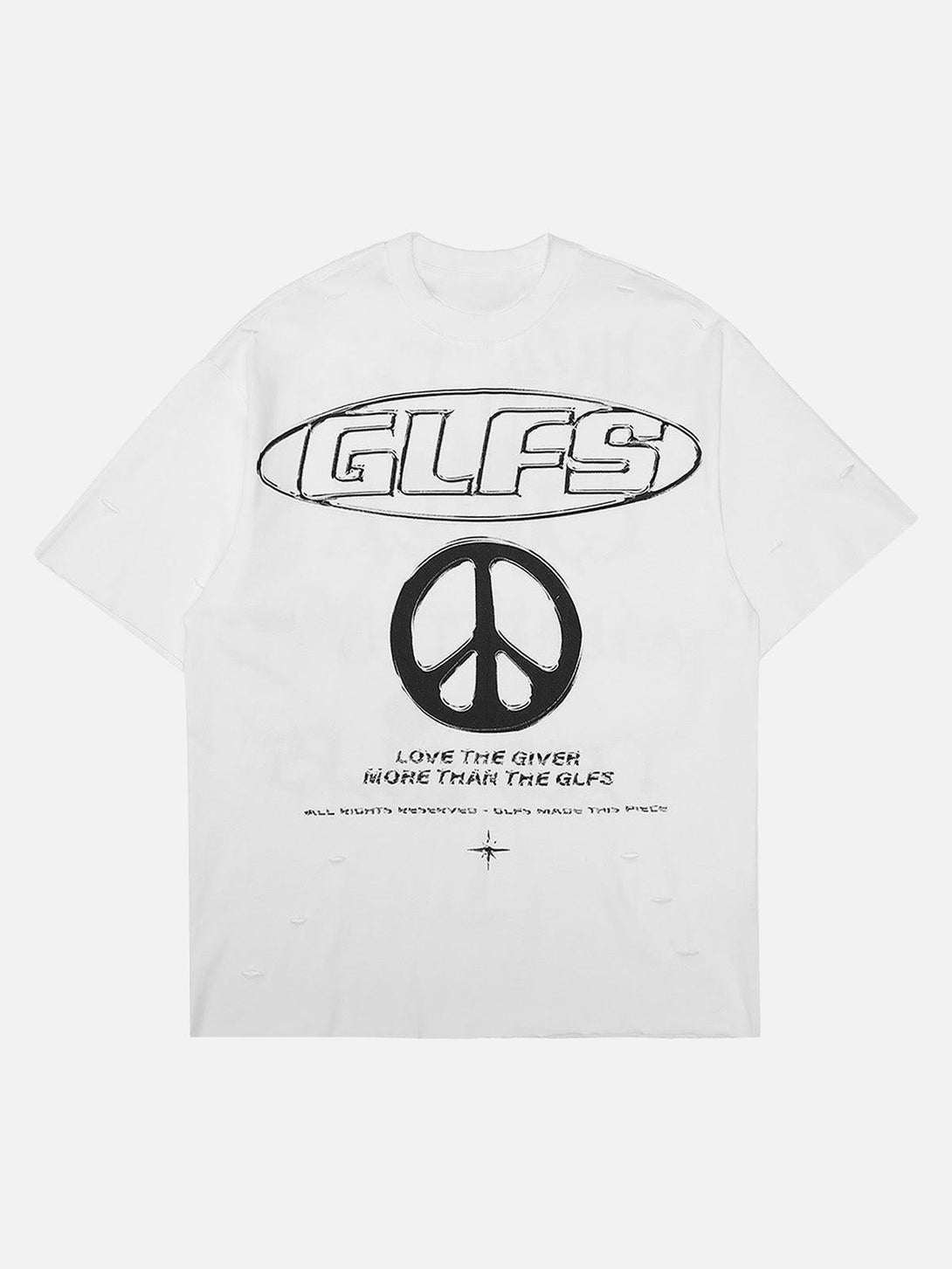 Front view of white short-sleeved T-shirt by TALISHKO featuring bold graphics and peace sign.
