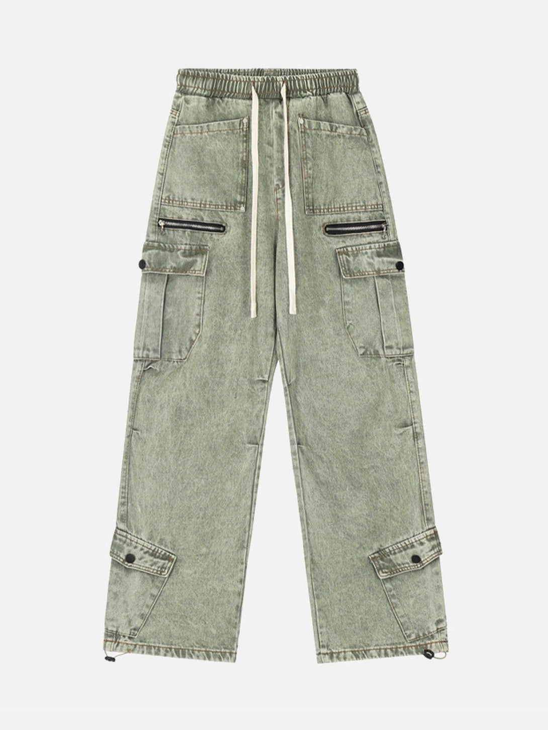 Front view of green loose drawstring trousers by TALISHKO, showcasing a relaxed street style.