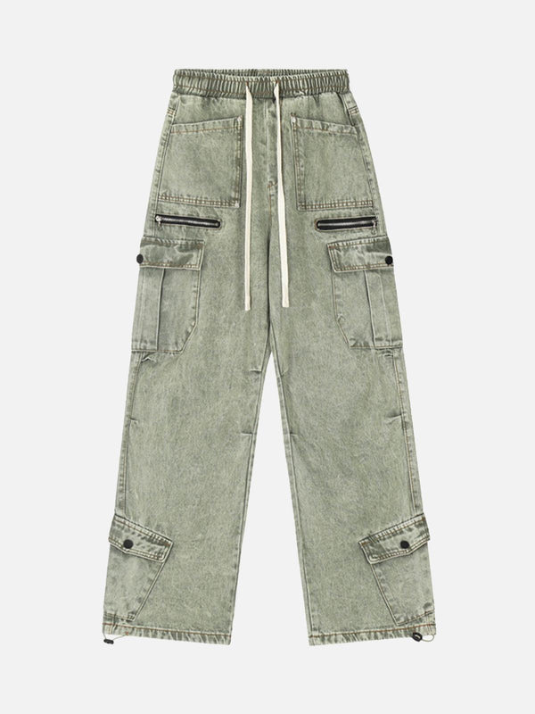 Green drawstring trousers by TALISHKO, featuring a front view with multiple pockets and elastic waist.