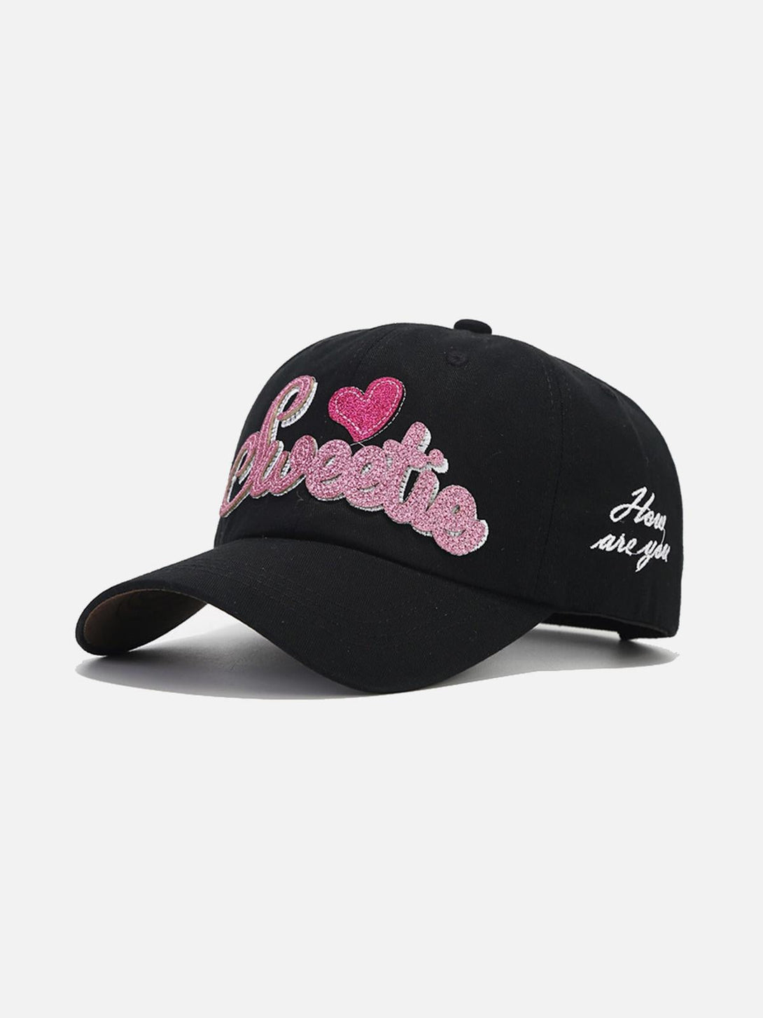 Black cap featuring "Sweetie" and heart embroidery by TALISHKO, showcasing a stylish front view.