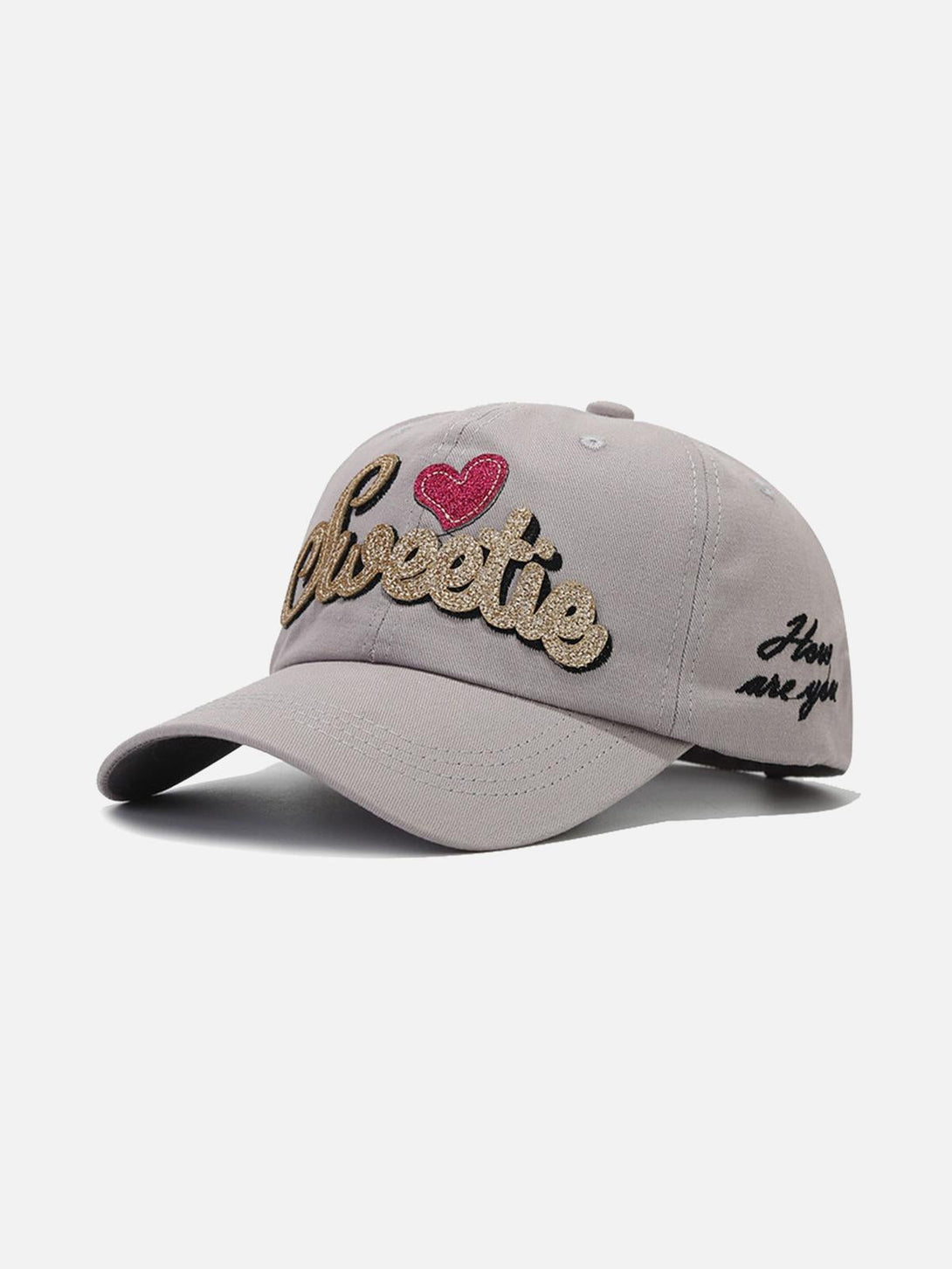 Gray baseball cap with "Sweetie" and heart embroidery in front by TALISHKO, perfect for casual wear.