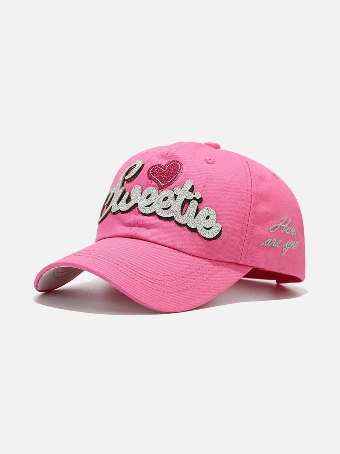 Hot pink cap with "Sweetie" and heart embroidery by TALISHKO, viewed from the front.