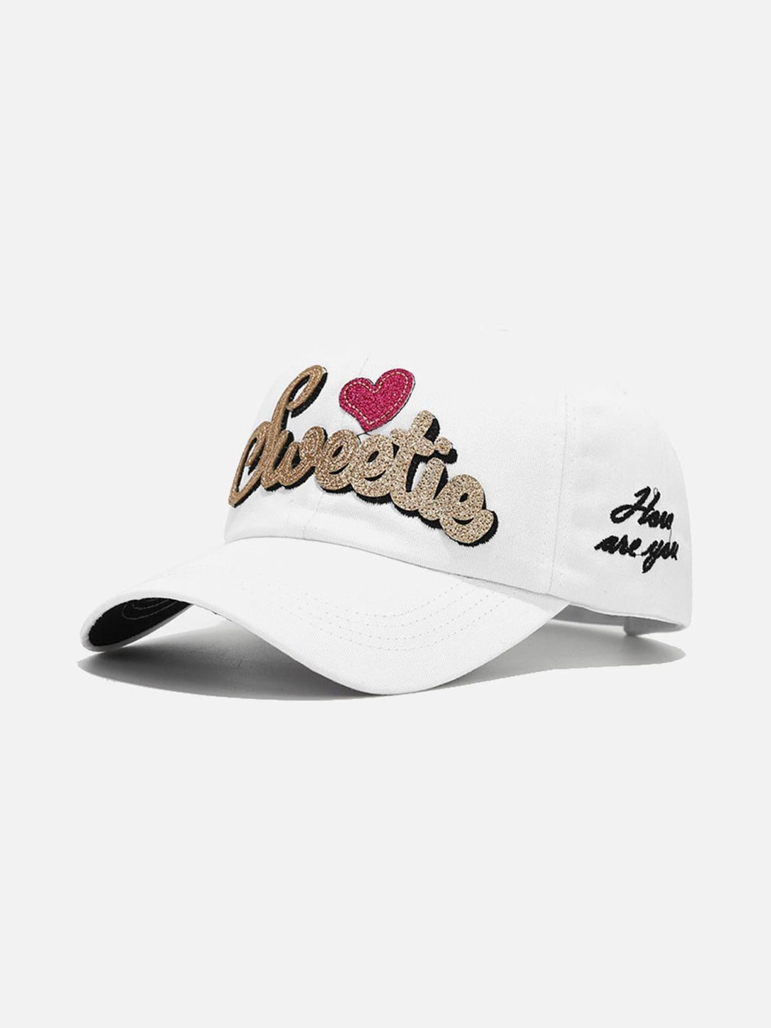 White cap featuring "Sweetie" and heart embroidery by TALISHKO, viewed from the front.