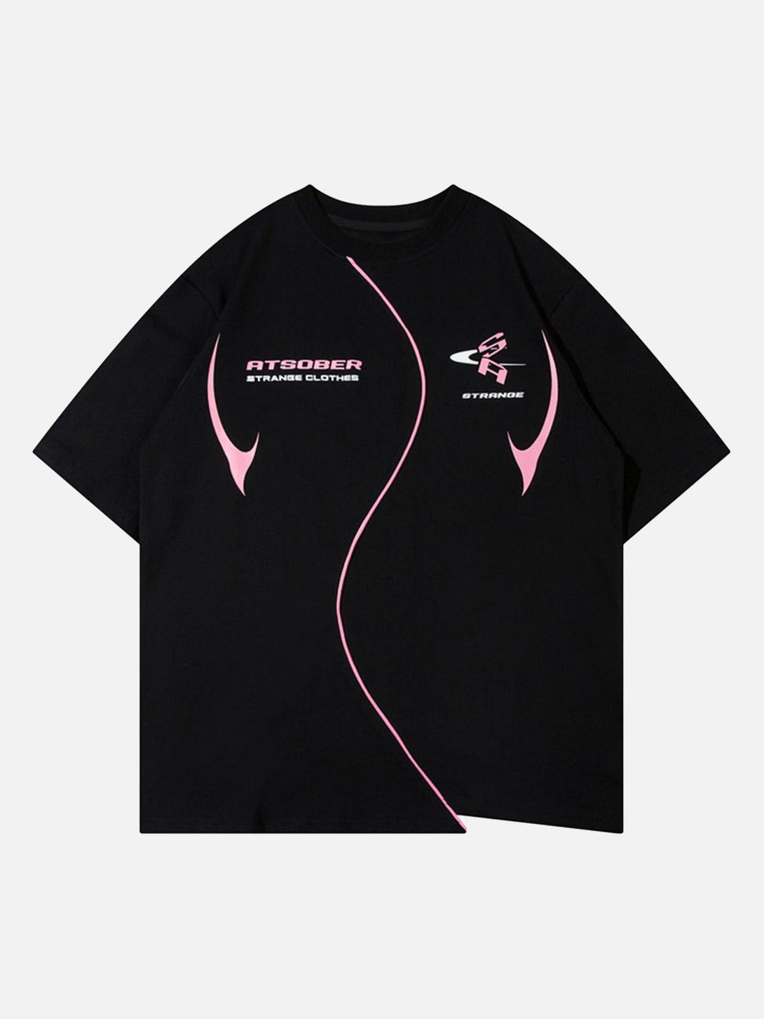 Front view of a black TALISHKO T-shirt with pink accents and unique asymmetric design.