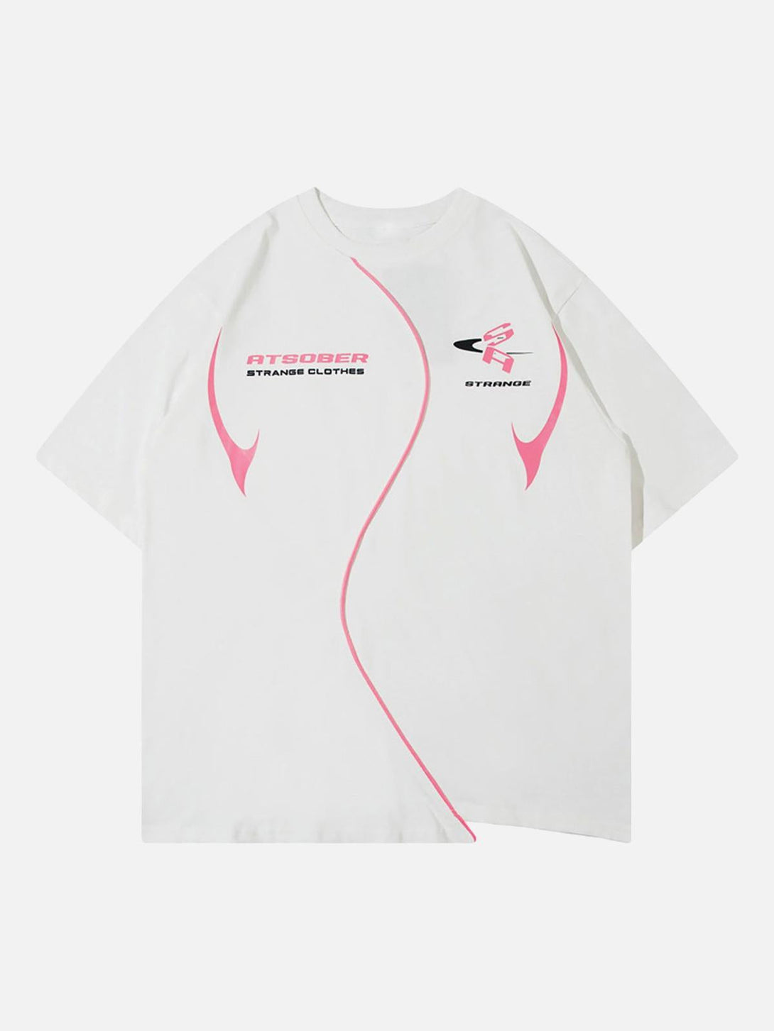 Front view of a white asymmetric T-shirt with pink accents by TALISHKO, perfect for summer style.