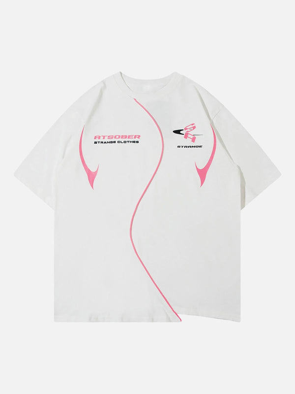 Front view of a white asymmetric T-shirt with pink accents by TALISHKO, perfect for summer style.