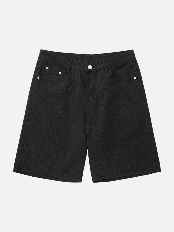Front view of black ripped denim shorts by TALISHKO, showcasing niche high street design.