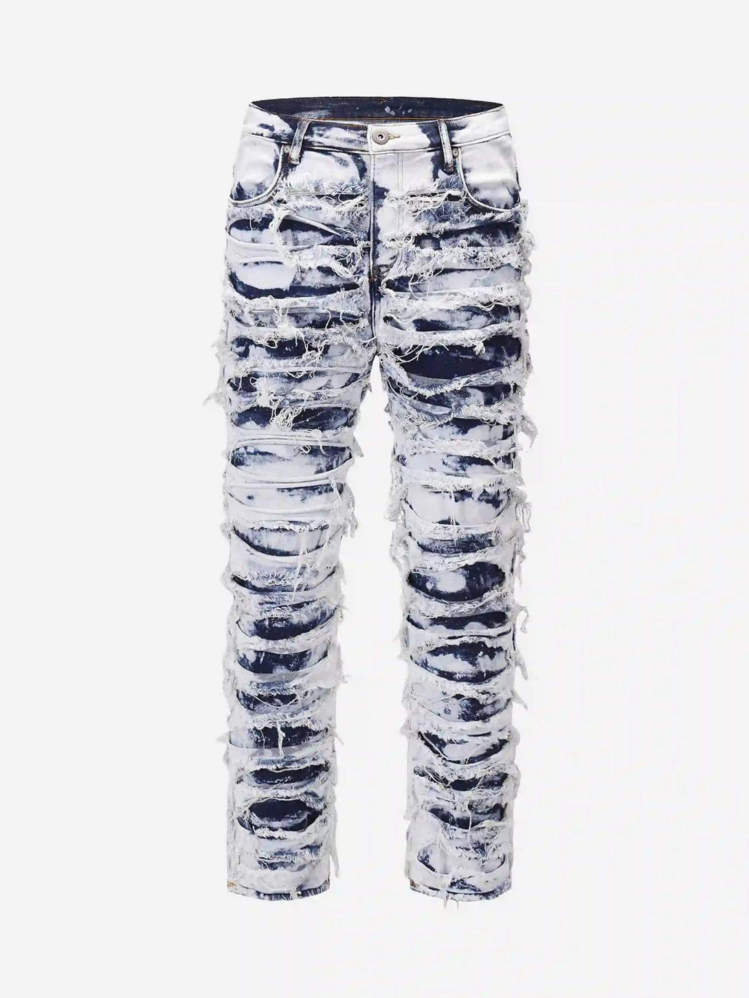 Front view of distressed blue slim fit jeans by TALISHKO, showcasing a bold, urban style.
