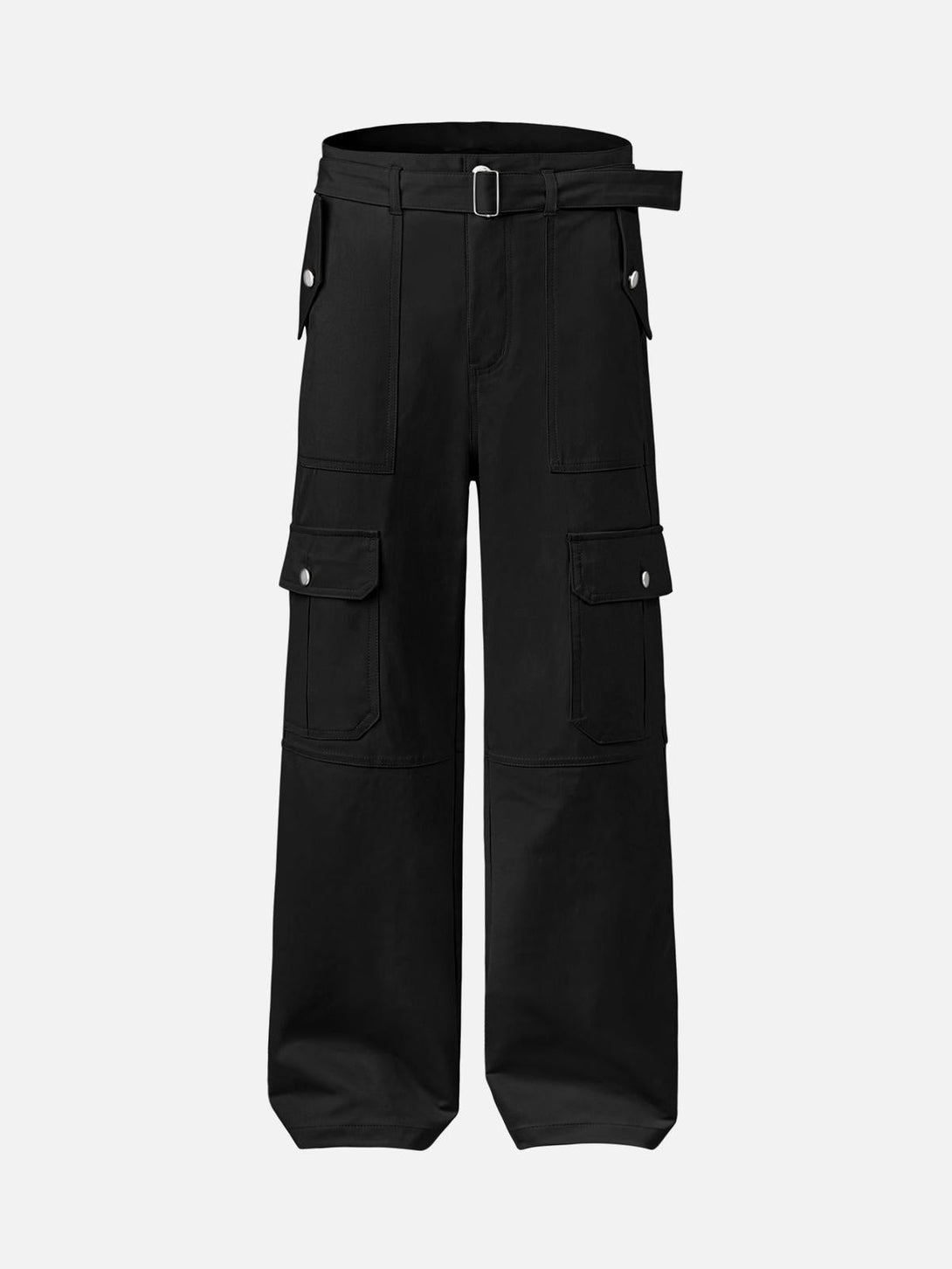 Front view of black cargo pants by TALISHKO, showcasing multiple pockets and a relaxed fit.