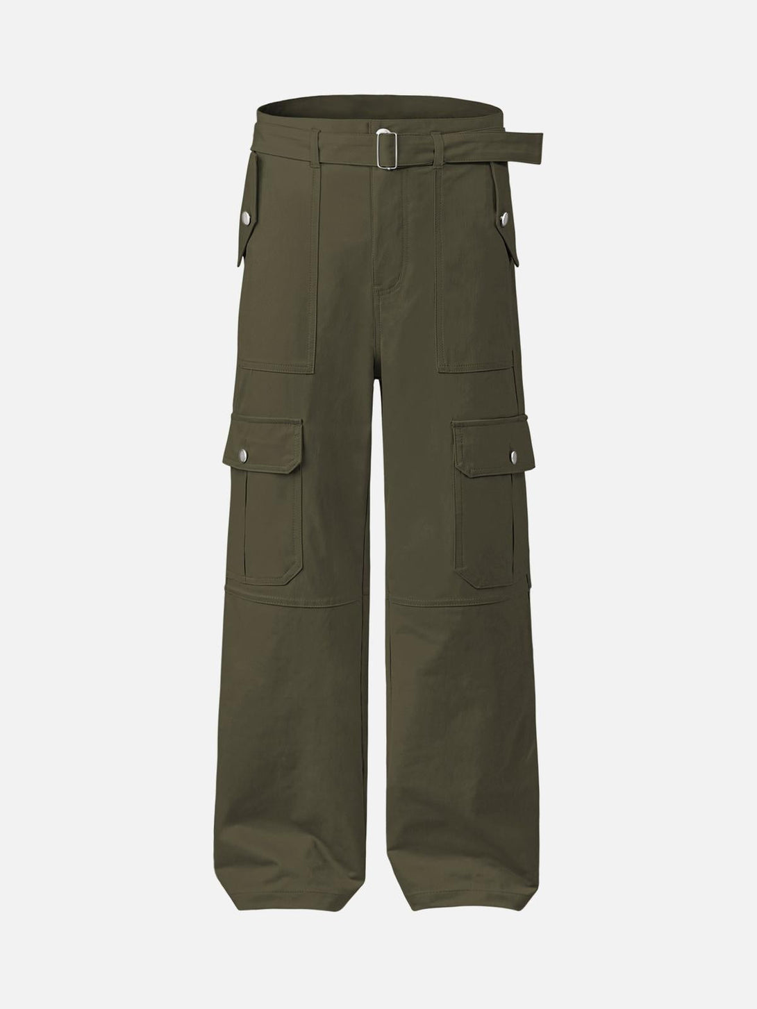 Front view of green cargo pants by TALISHKO, featuring multiple pockets for a casual streetwear look.