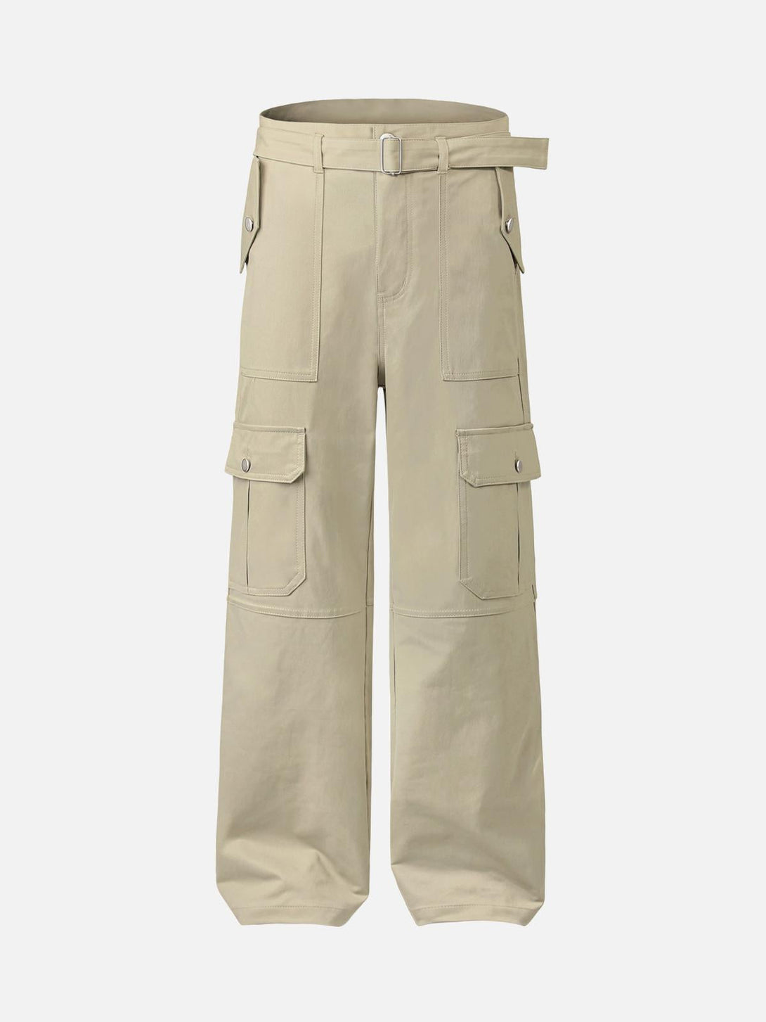 Front view of khaki cargo pants by TALISHKO, featuring ample pockets and a relaxed fit.