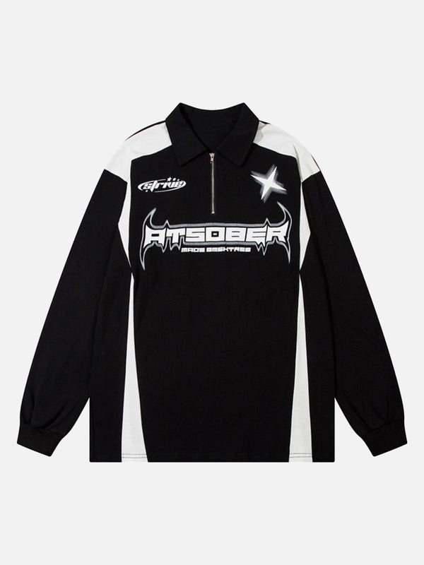 Front view of a black high street racing long sleeve polo shirt by TALISHKO with bold graphics.