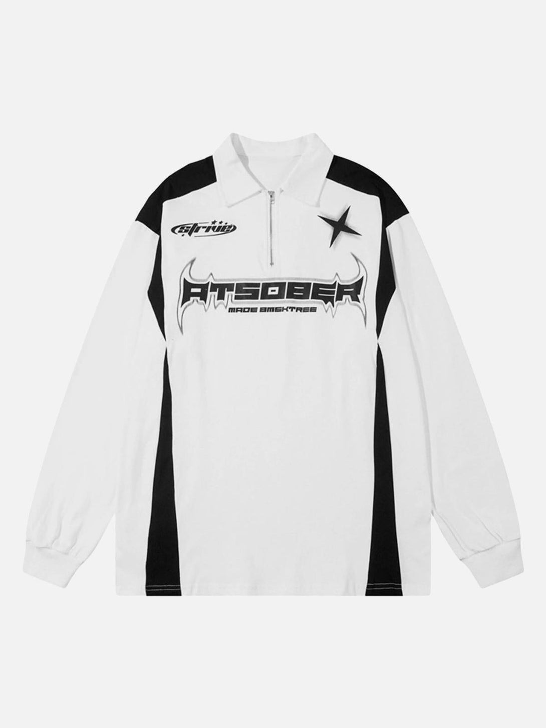 Front view of a white racing long sleeve polo by TALISHKO, featuring bold graphics and a sporty design.