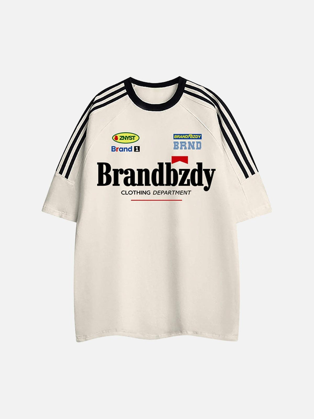 Front view of TALISHKO beige jersey T-shirt, showcasing retro badges and sporty stripe details.