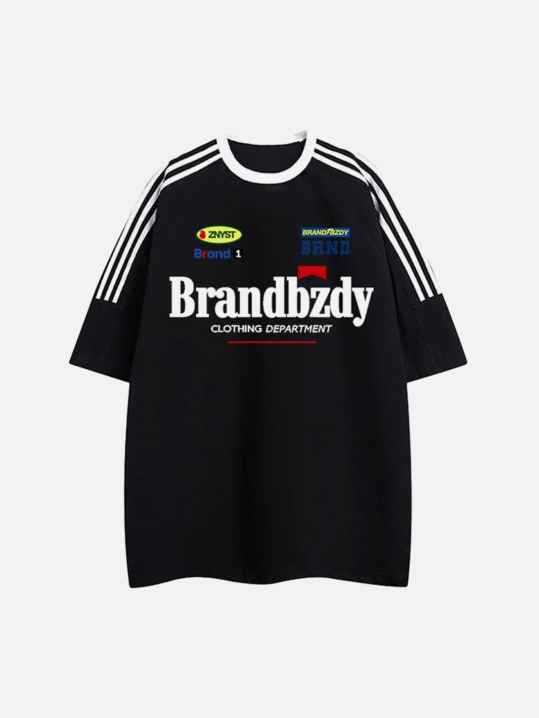 Front view of TALISHKO black jersey T-shirt with retro badges and sporty stripe details.