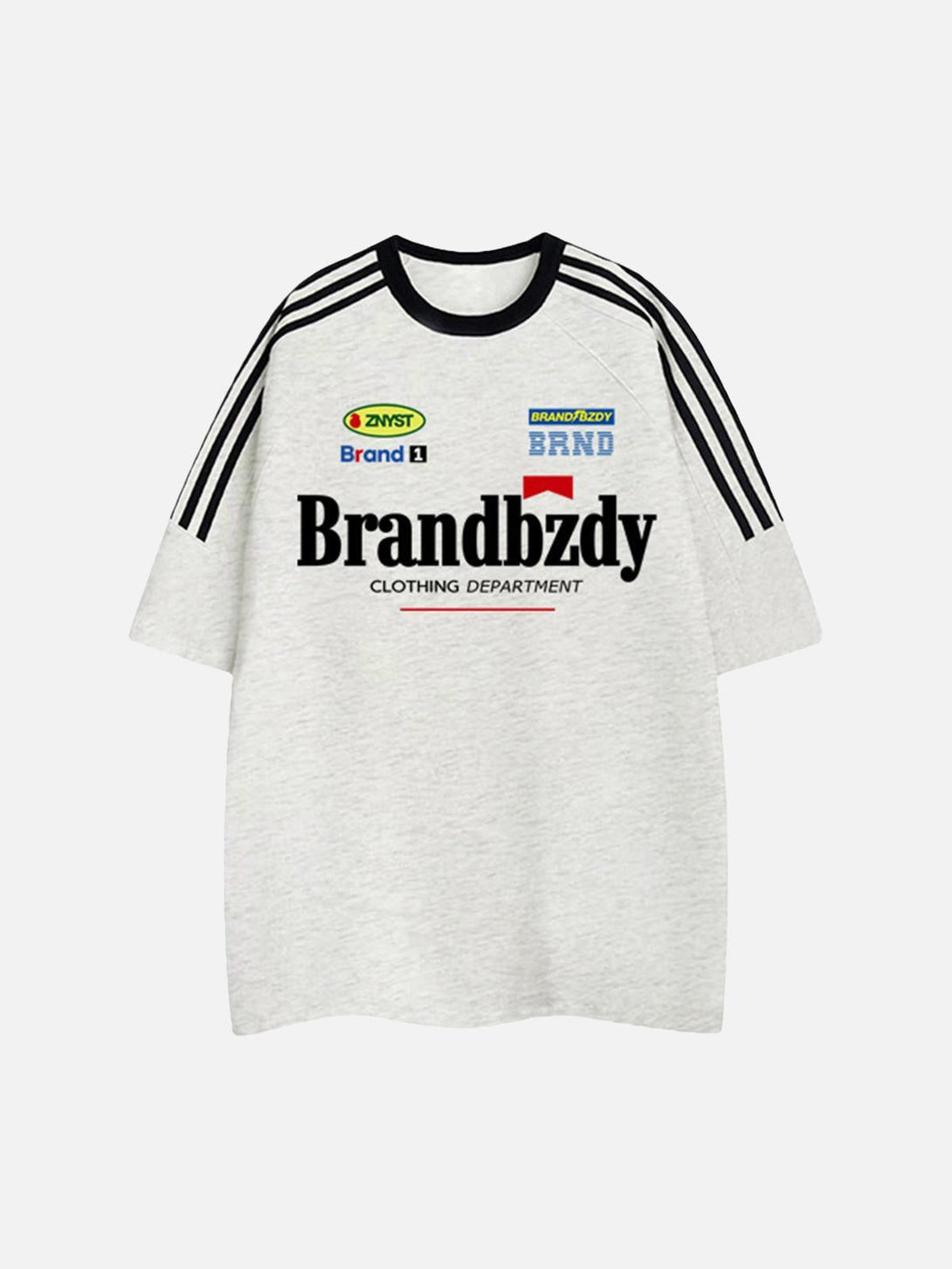 Front view of TALISHKO light gray jersey T-shirt, featuring retro badges and sporty stripe accents.