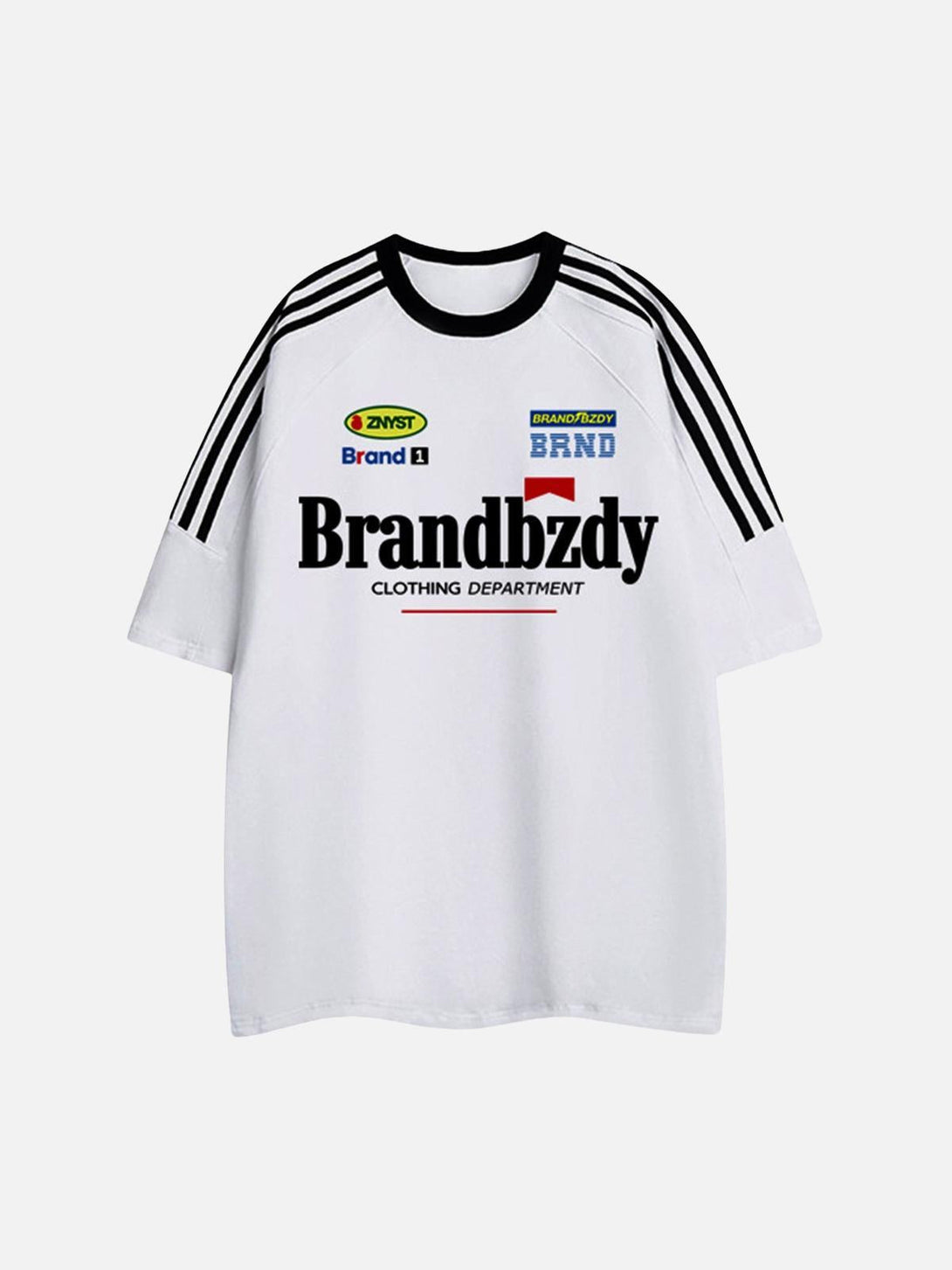 Front view of TALISHKO white jersey T-shirt with retro badges and sporty stripe details.