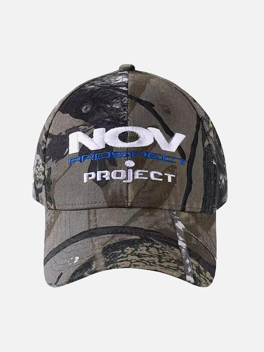 Front view of a gray camouflage hat with bold lettering, by TALISHKO, perfect for urban style.