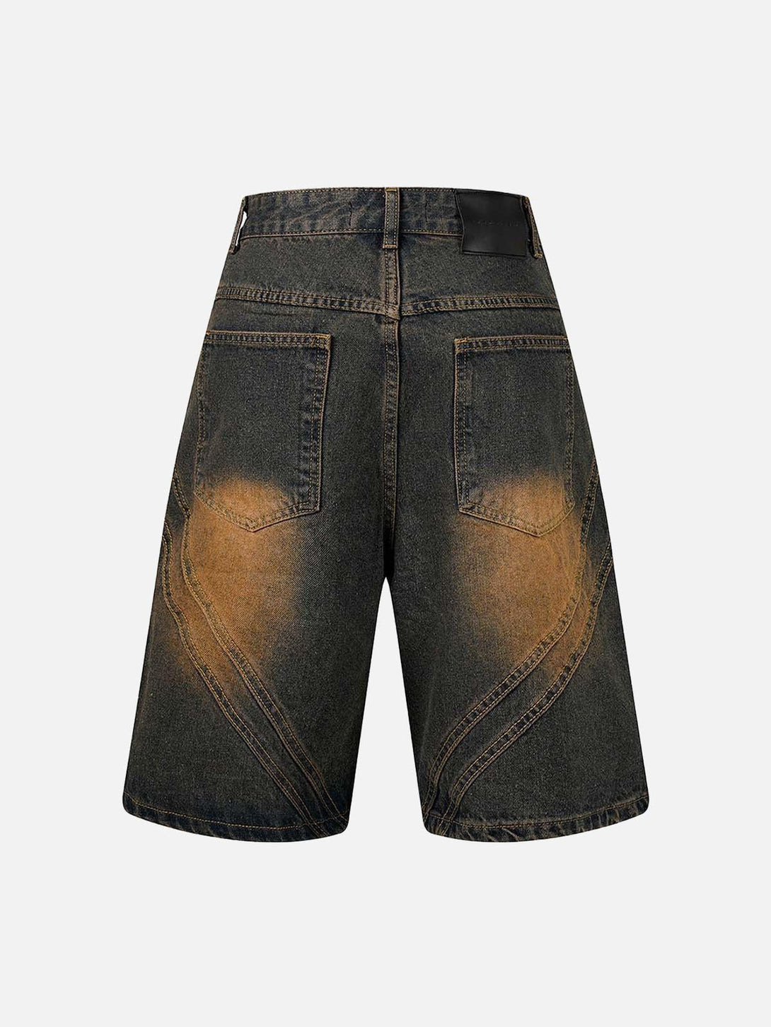 Back view of TALISHKO denim shorts in light blue, featuring unique distressing for a chic look.