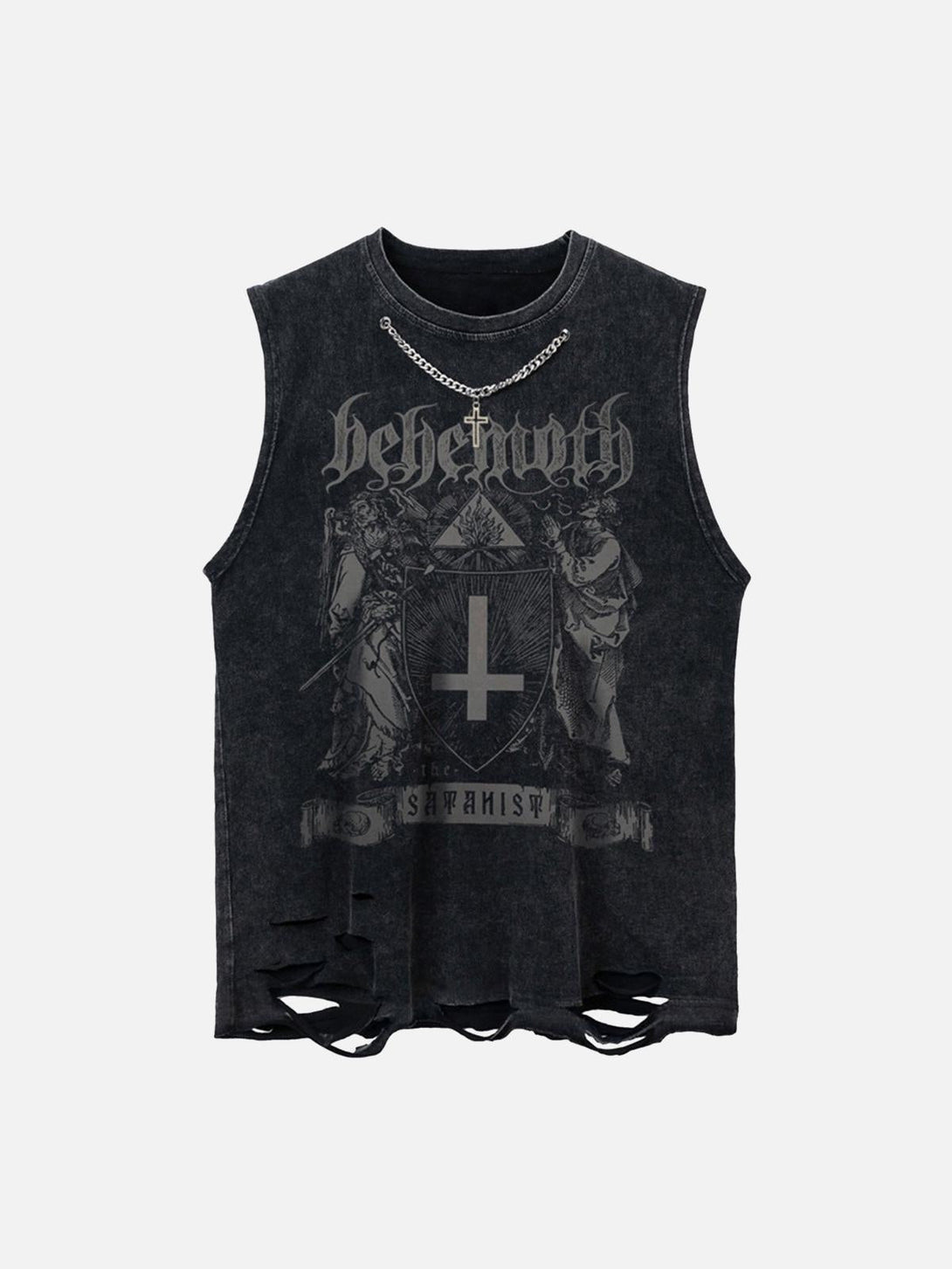 Front view of a black retro hip-hop vest by TALISHKO, featuring a bold graphic and ripped hem.