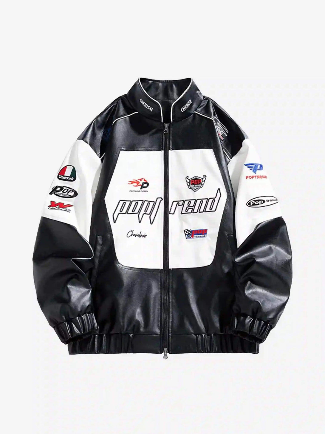 Front view of a black racing baseball jacket by TALISHKO, featuring bold splicing details.
