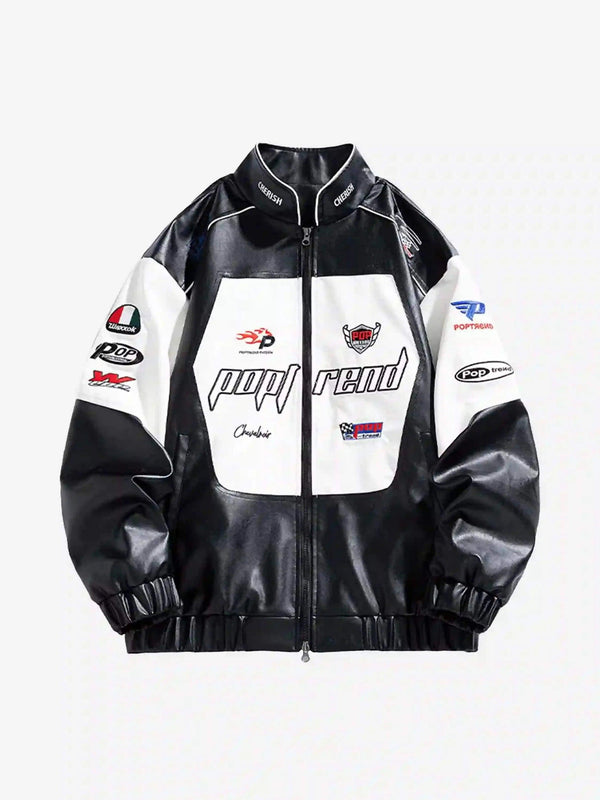 Front view of a black racing baseball jacket by TALISHKO, featuring bold splicing details.