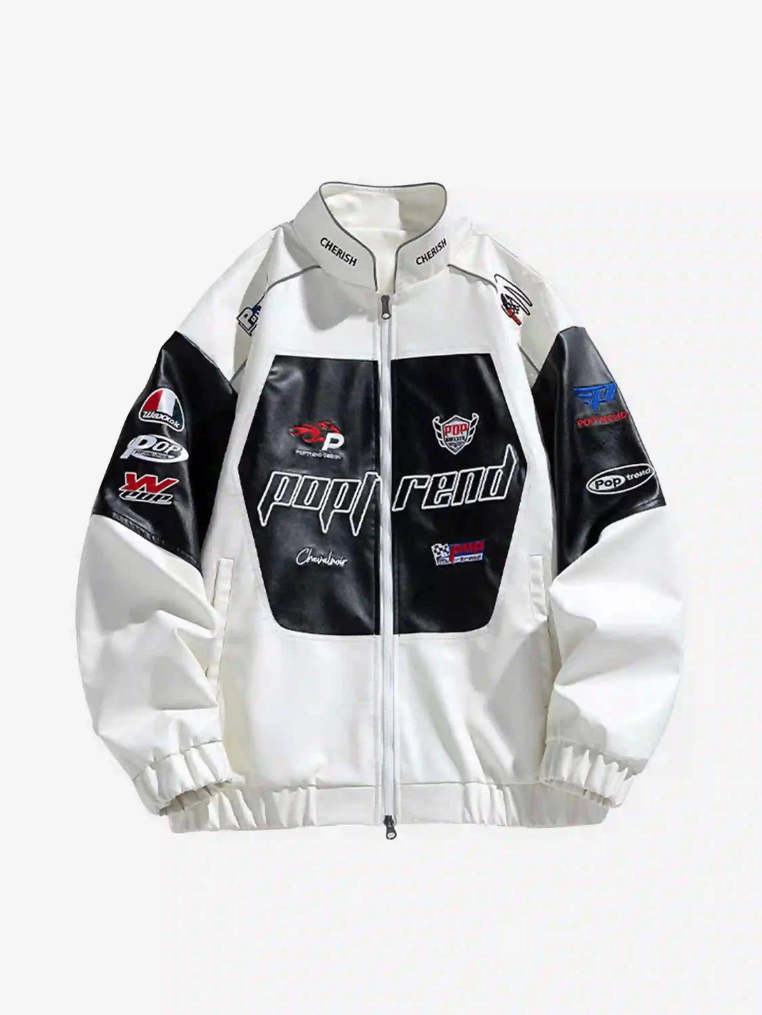 Front view of a white racing baseball jacket by TALISHKO, featuring striking graphic accents.