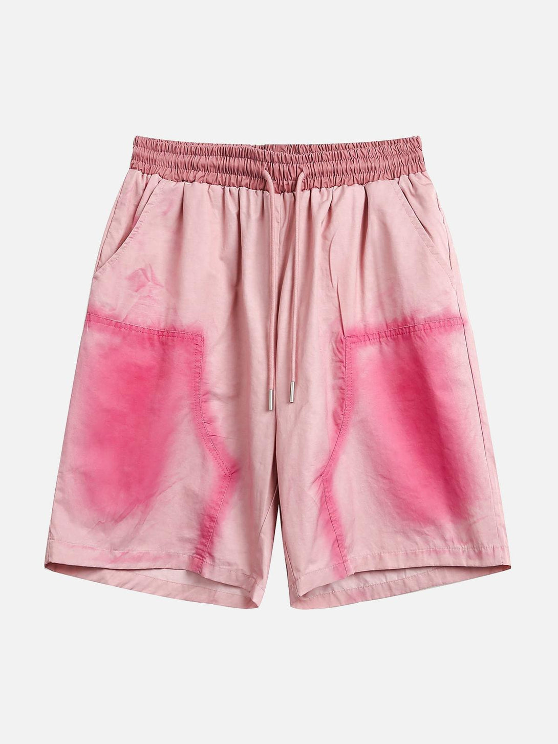 Front view of pink casual shorts by TALISHKO, featuring a spray paint effect and elastic waist.