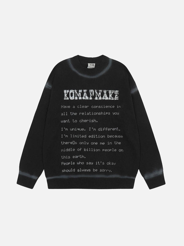 Front view of a black sweater by TALISHKO featuring spray paint letter print for urban style.