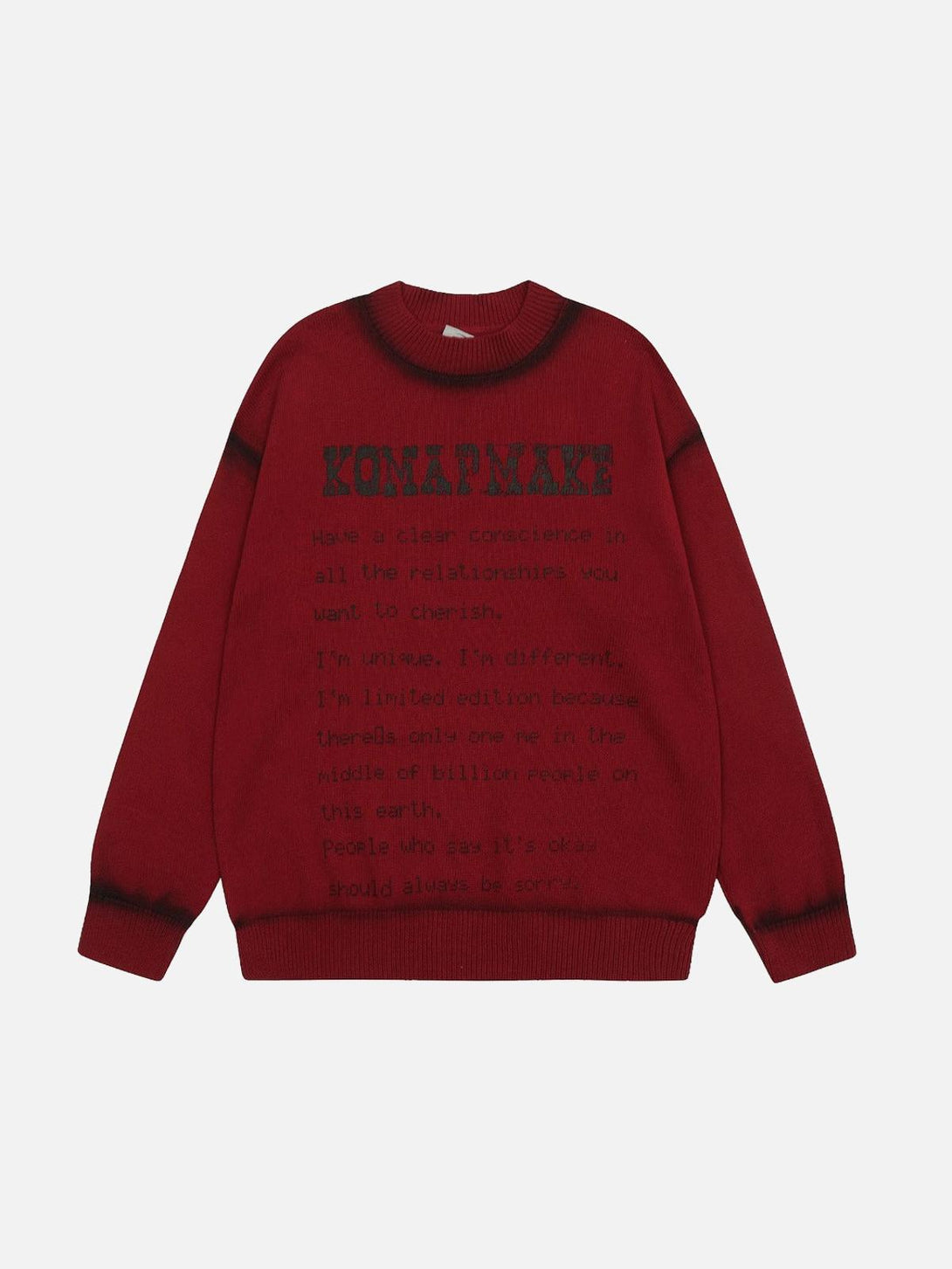 Front view of a red sweater by TALISHKO with spray paint lettering for an edgy urban vibe.