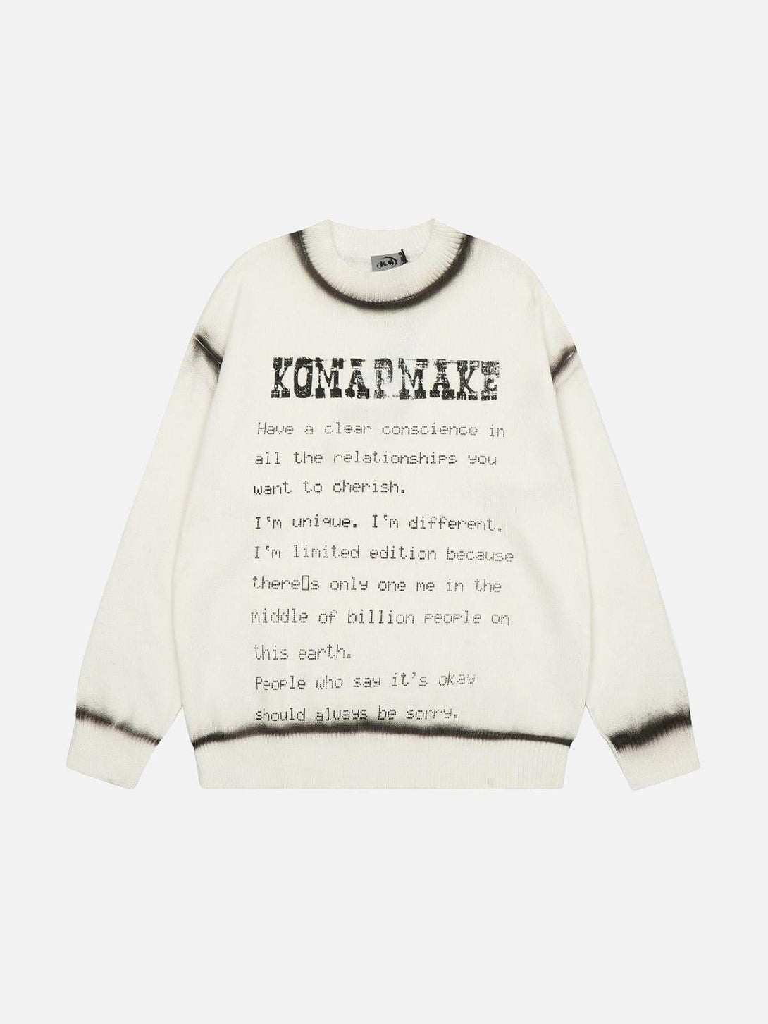 Front view of a white sweater by TALISHKO featuring bold letter print, perfect for urban style.
