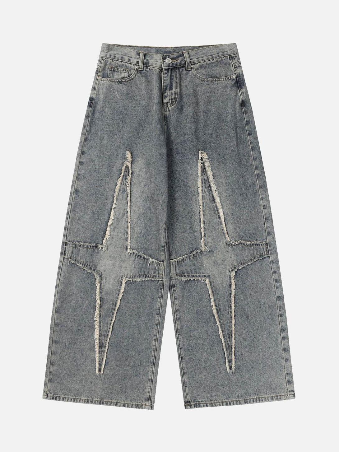 Front view of TALISHKO blue star-patterned jeans, showcasing unique distressed details.