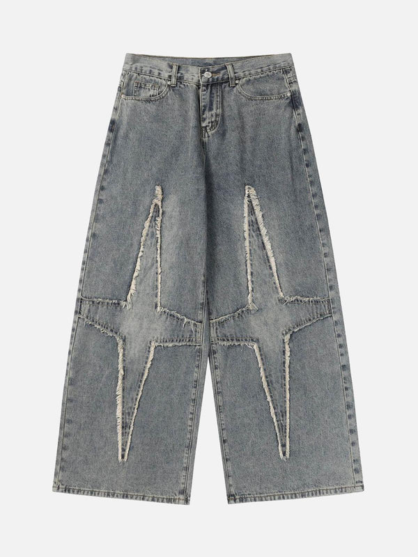 Front view of TALISHKO blue star-patterned jeans, showcasing unique distressed details.