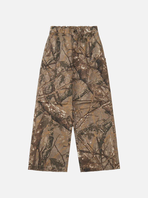 Front view of coffee camo casual pants by TALISHKO, perfect for a trendy streetwear vibe.