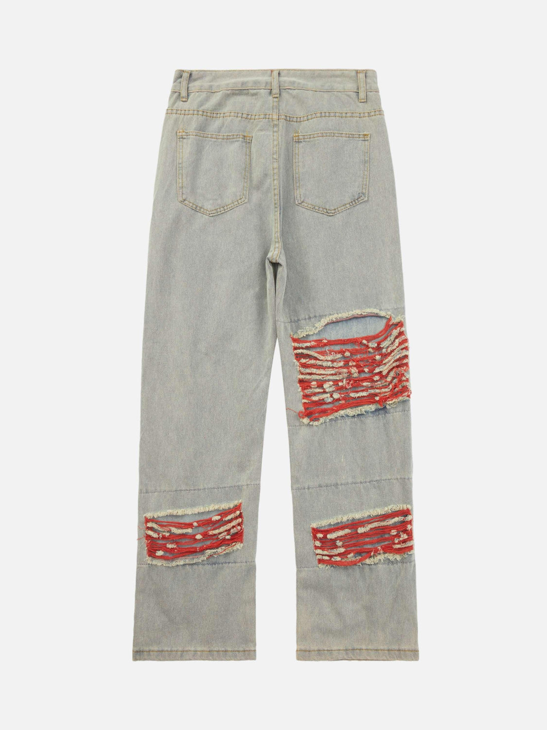 Back view of TALISHKO blue denim jeans with bold red distressed patches.