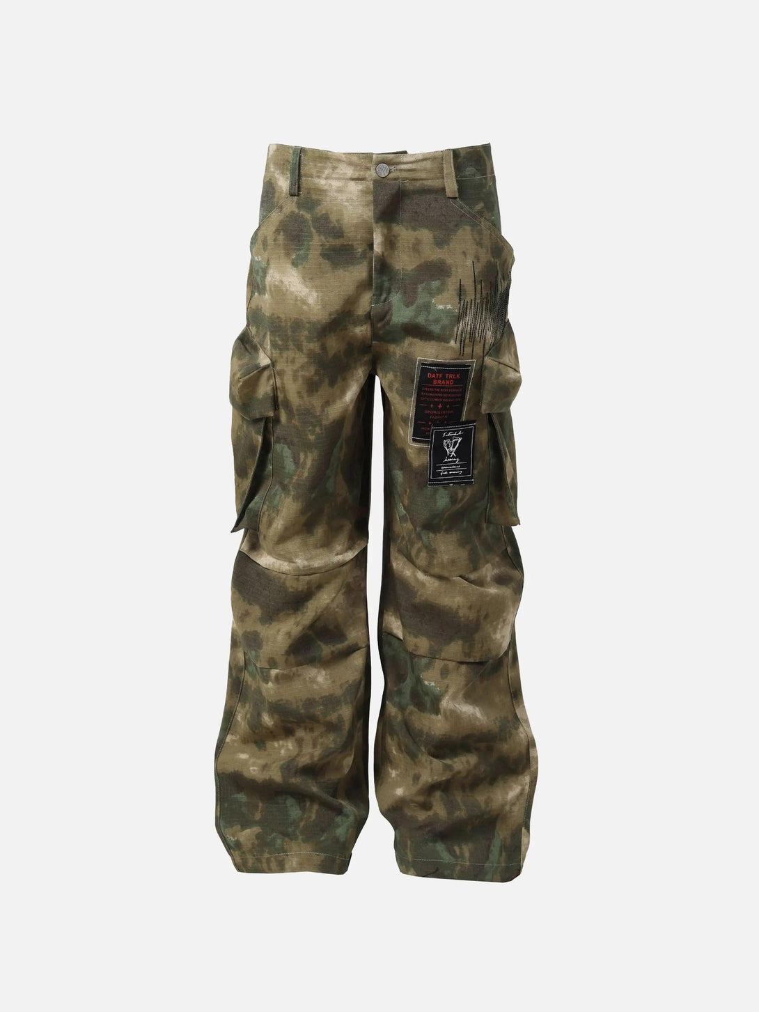Front view of TALISHKO camouflage overalls, showcasing bold street-inspired style.